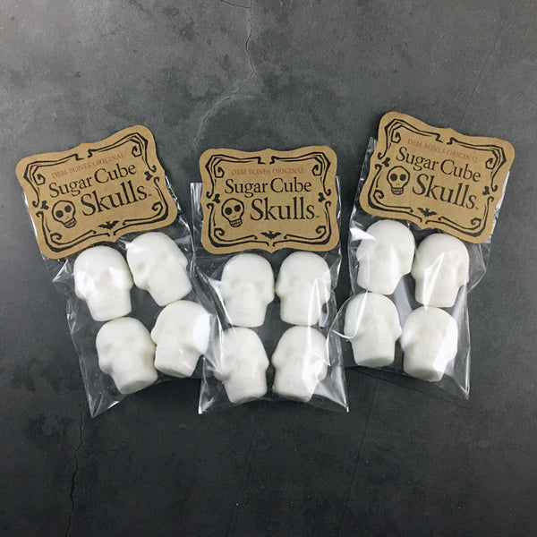 3 Bags of Sugar Cube Skulls, White sugar cubes skulls, Kraft labels, on Dark Background