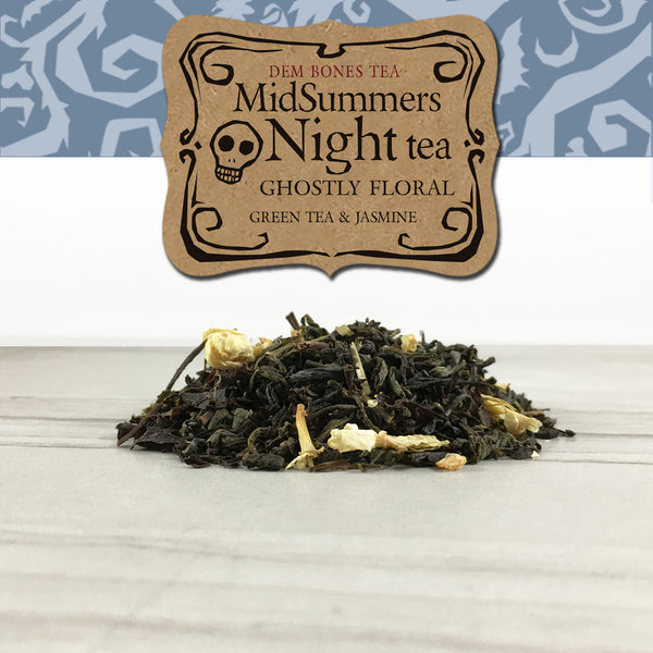 Jasmine Green Tea on tile background, Grey graphic band with kraft label, DemBones Tea, MidSummers Night Tea, Ghistly Floral, Green Tea and Jasmine