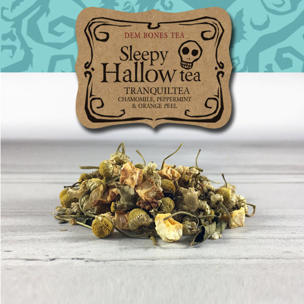 herbal tea on white background, kraft label reads: Dem Bones Sleepy Hallow Tea, Tranquility, Chamomile peppermint and orange peel tea, turquoise band